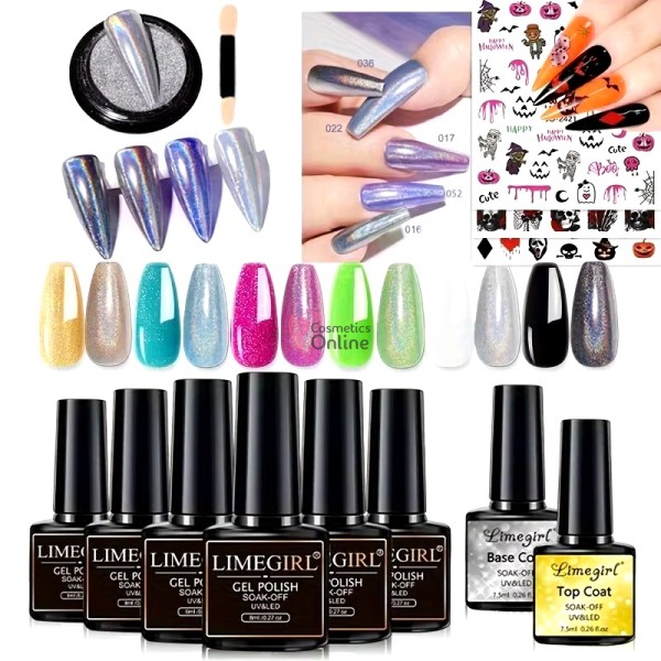 Oja Semipermanenta LIMEIGIRL UV / LED de 8ml, set de 6 culori cu Top si Baza + Stickere si Pigment Holografic